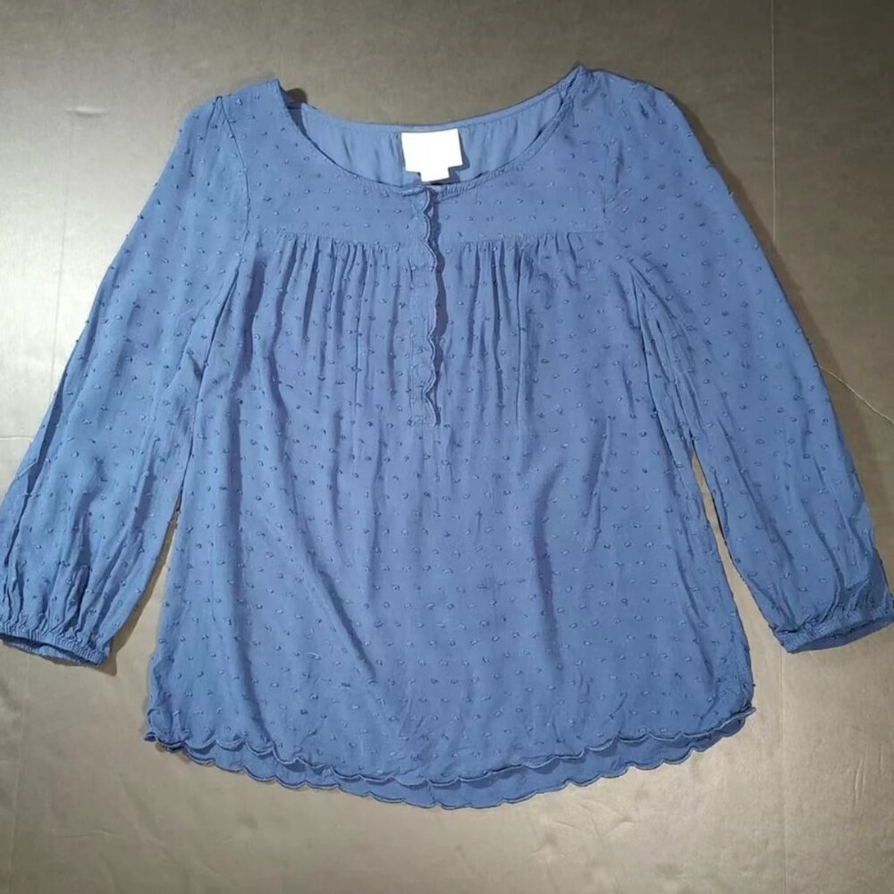 Blue Scallop Edge Pleated Doll Collar Blouse Women's Size 6 Petite